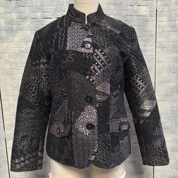 Chicos Blazer Sz 1 Medium Textured Metallic Paisley Mandarin Collar Button Front - Picture 3 of 11